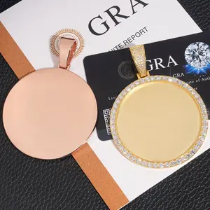 Caratix 68.5MM 9.2.5 Moissanite Edium Round Plated Memory Medallions Charms Custom Picture Pendant Necklace for Men Hip Hop Jewelry Large Size Photo Pendant Jewellery Outdoorfun Valentine's Day Gift Fathersdaygift
