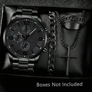 2/4PCS Men's Watch Set Business Trend Fashion Classic Three Eye Quartz Watch Bracelet Necklace Ring Set Perfect Gift