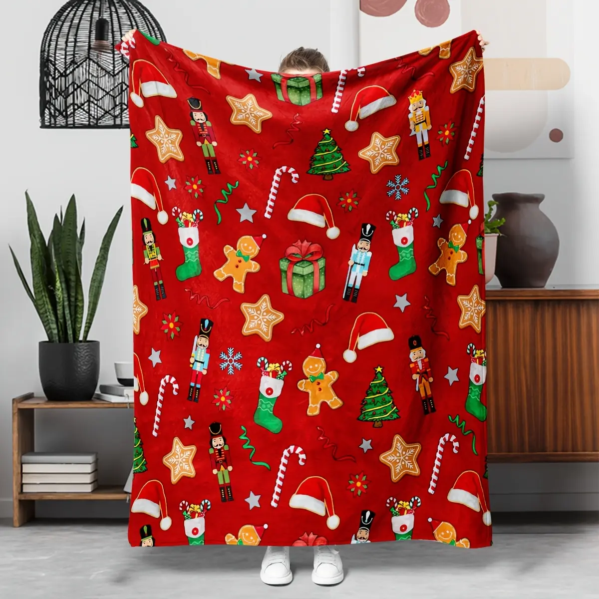 Christmas Red Blanket Nutcracker Gingerbread Man Santa Hat Graphic Flannel Plush Throw Blanket Winter Holiday Room Decor Gift for Kids Adults