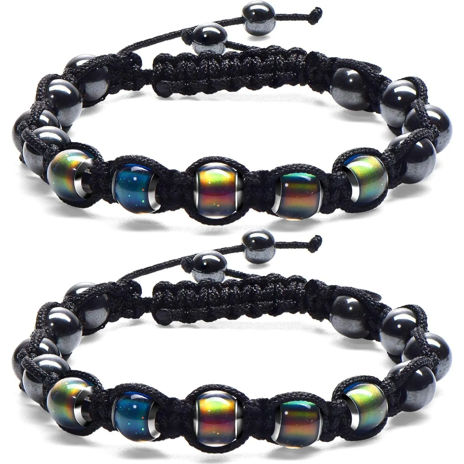 Women's 2-Piece Adjustable Shimmering Color Changing Thermochromic Bead Bracelet Set, Gay Pride & Memorial Day Fashion Costume Jewelry for Adults, Beads, Pair Set, Hematite Beads