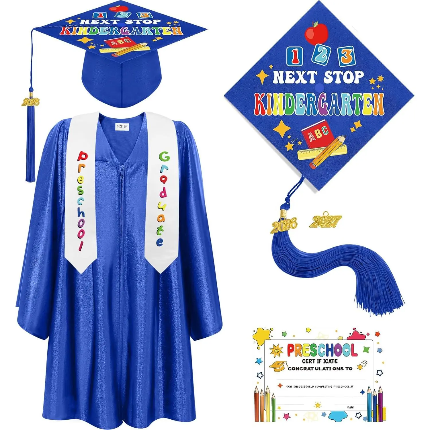 4-piece set of 2026 Kindergarten Preschool Graduation Cap and Gown, including a tassel graduation stole and certificate for toddler children.