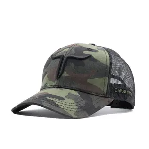 Cattle Ranch Green Camo Trucker Hat - 6 Panel Adjustable Snapback with Suede & Cotton Materials, Mesh Rear Panel, and 3D Embroidery Curved Brim