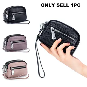 1pc Mini Coin Purse, Double Zipper Leather Small Wallet With Silver Hardware & Wrist Strap, Multifunctional Pouch for Cards, keychains and Coins, Zipper Wristlet Purse