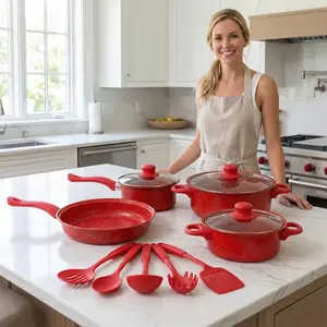 Red 13-piece pot set, non-stick kitchen set for family dinners, soup pot + frying pan combination, non-stick and easy to clean, kitchen stewing and frying all-round good things