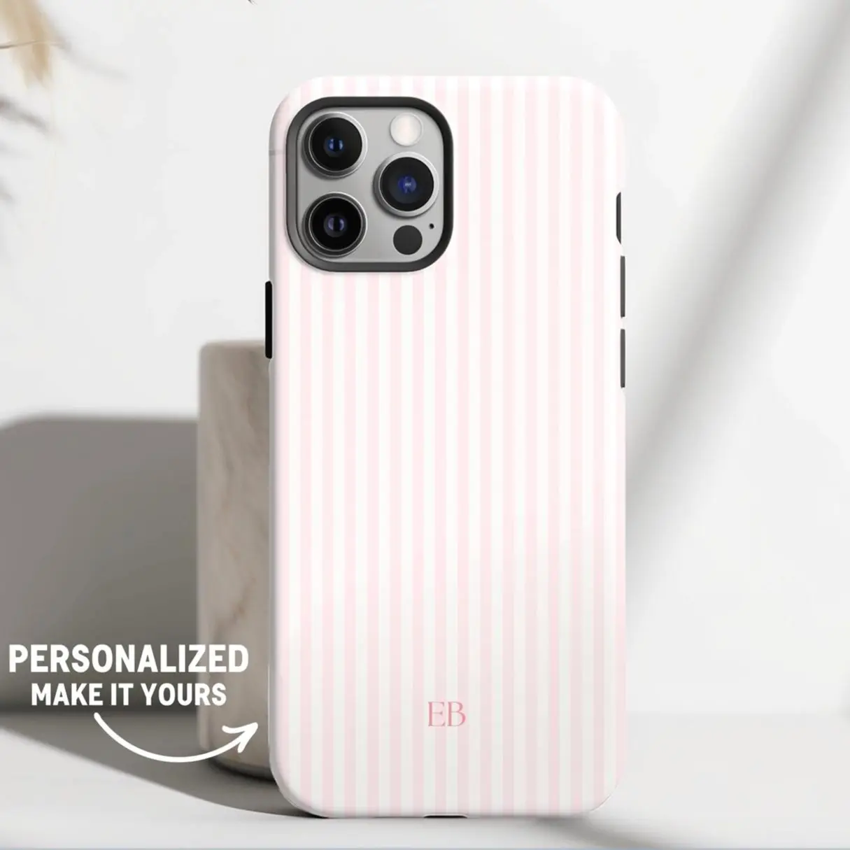 Personalized Pink Striped TPU Smartphone Casing - Custom Monogram, Aesthetic, Preppy, Lightweight, Shockproof Accessory for iPhone 17,16,15,15 Plus,14,13,12,11 - Summer Coastal Use Protective Phone Accessory
