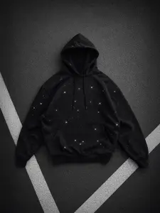 Heavyweight Starry Sky Sparkle Hooded Sweatshirt | Unisex Loose Boxy Fit Hoodie | Y2K Style Shiny Rhinestone Pullover | Streetwear High-Street Loose Fleece Hoodie | Essential Sparkling Outerwear for Autumn/Winter | Available in Multiple Colors