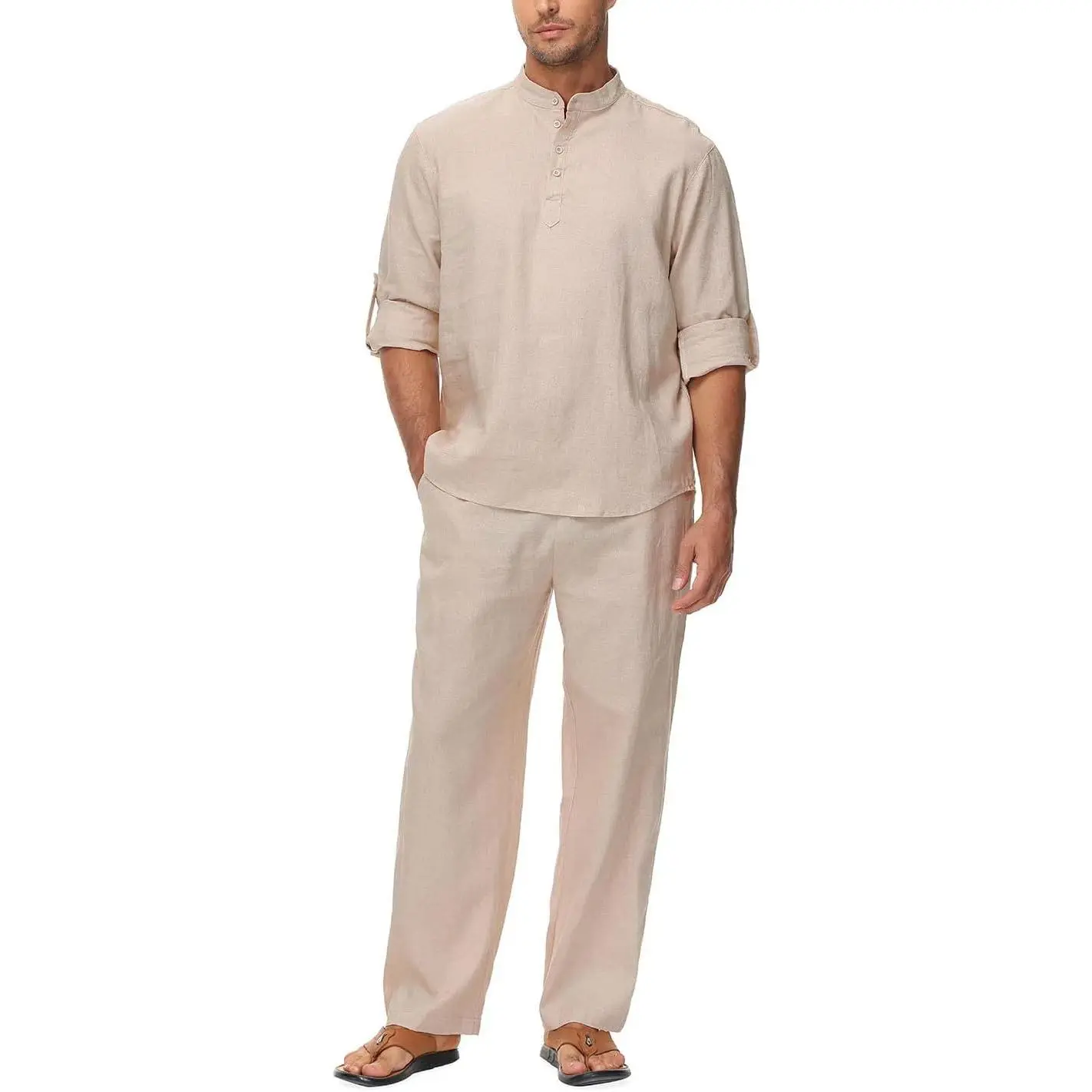 Lamgool Men’s Linen Set 2 Pieces Long Sleeve Button Henley Shirts Casual Drawstring Pants Summer Beach Yoga Outfits