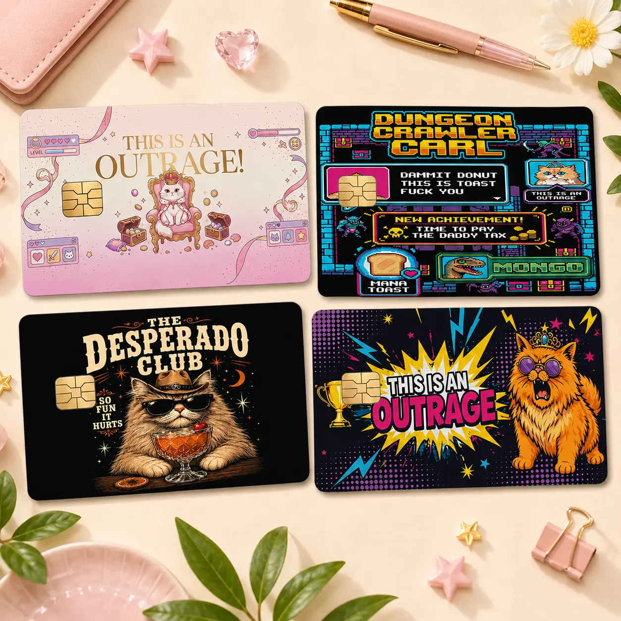 Dungeon Crawler Carl Card Skin Set, Princess Donut Credit Card Skin, This Is An Outrage Vinyl Card Cover, Bookish Gift