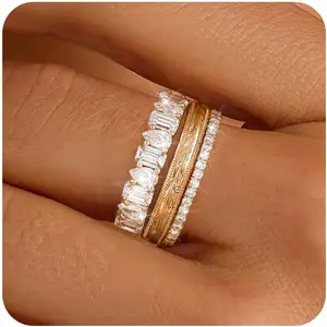 Stackable Gold Rings for Women Non Tarnish Chunky 14K Gold Plated Rings that Don't Tarnish Engagement Cubic Zirconia Ring Set Stack Dainty Pinky Wedding Bands Thumb Rings Gold Jewelry Size 6-11
