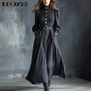 UOOZEE Women's Ribbed Knit Mock Neck Long Sleeve Belted A-Line Maxi Dress - Autumn Winter, Black Waistband, Pockets, Woven Garments, Comfortable Minimalist Casual Style, Fit for Fall Brunch, Evening Wear, Pairable with Blazer, Earrings, Bag, Flowy Skirt