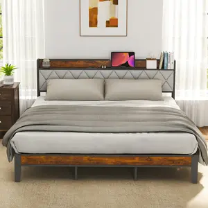 Wooden Bed Frame with Fabric Upholstered & Modern Wooden Headboard, Underbed Storage, Built-in Charging Ports, Sturdy Noiseless Structure, Tool-Free Assembly, No Box Spring Needed