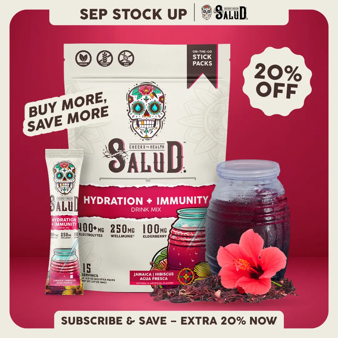 Salud 2-in-1 [Hydration + Immunity - Jamaica | Hibiscus] 400mg Electrolytes, 250mg Wellmune, 100mg Elderberry, Dairy & Soy Free, Non-GMO, Gluten Free - Healthcare, Vitamin (15 Servings)