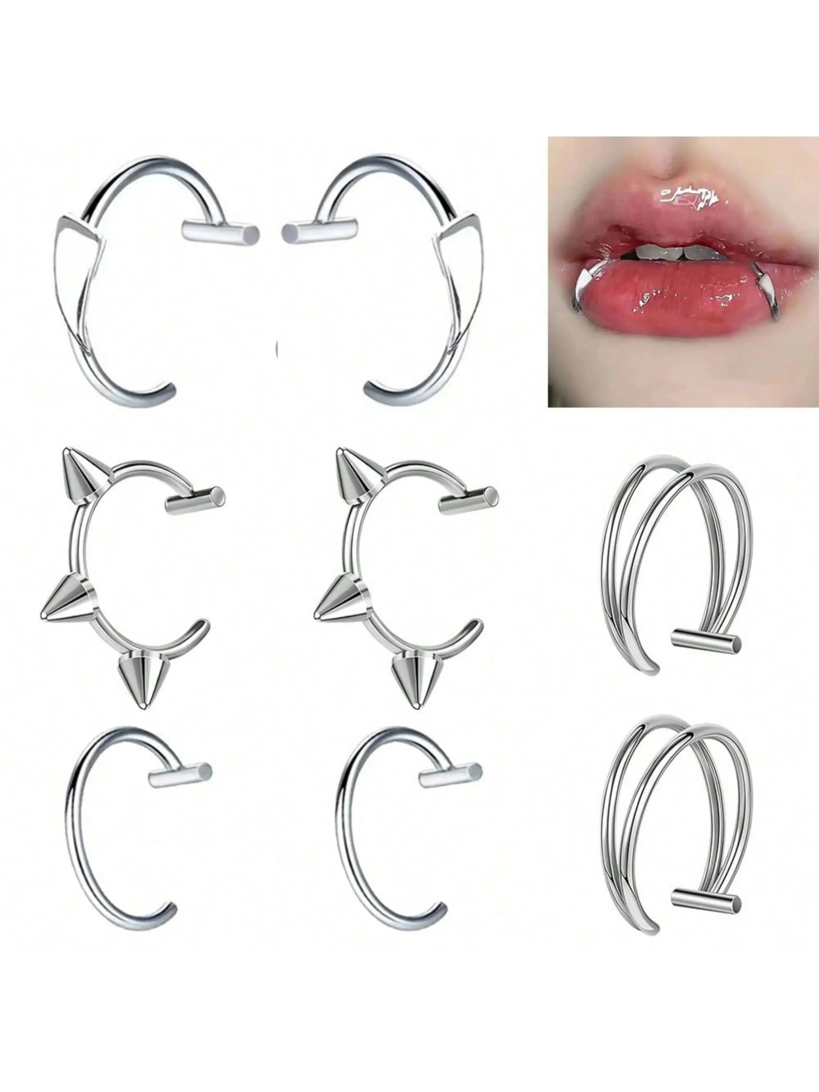 8pcs Stainless Steel Fake Lip Ring Vampire Teeth Ring Adjustable Non-Piercing Lip Cuff Ear Cuff Earrings Fake Lip Piercing Fake Septum Nose Piercing Jewelry For Women Men