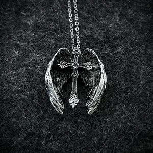 Gothic Retro Guardian Angel Wings Cross Pendant Necklace - 60cm Punk Men's Jewelry, Cross Emblem, Angel-Themed, Dark Fantasy Autumn Rapper Accessory men Chain, Cross Emblem Necklaces, Angel-Themed Necklaces