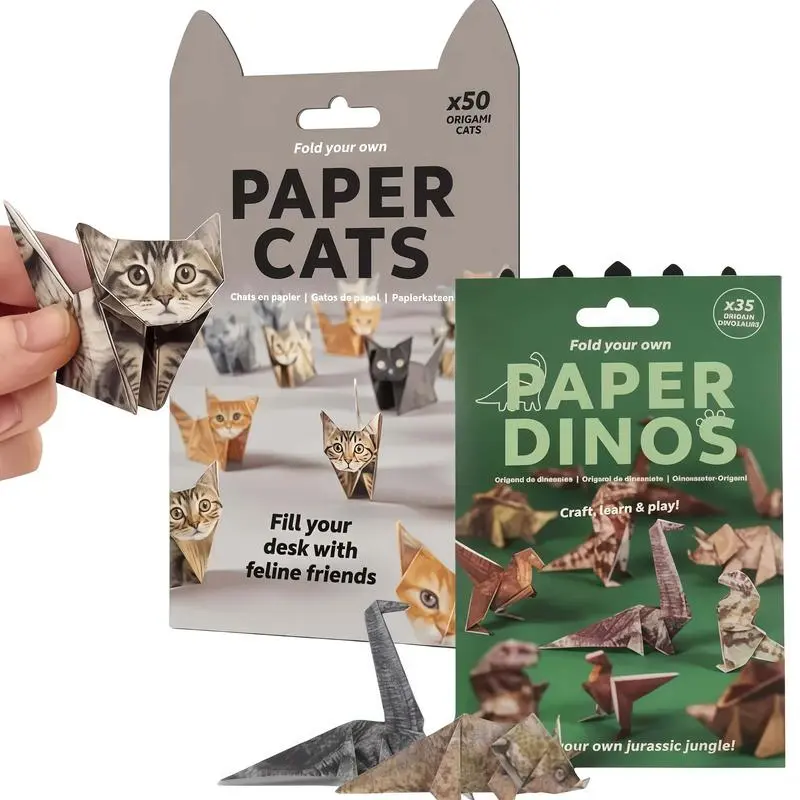 Origami Craft Kit for Kids & Adults, 50 Printed Sheets + Step-by-Step Guides, Fold Kittens/Dinos/Dogs, Train Hand Dexterity, Perfect for Parties, Desk Decor & Party Favors