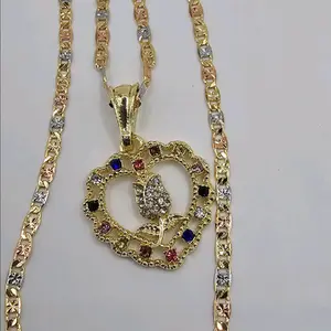 Heart with rose multicolor stone's  fashion necklace gold-plated  style three colors