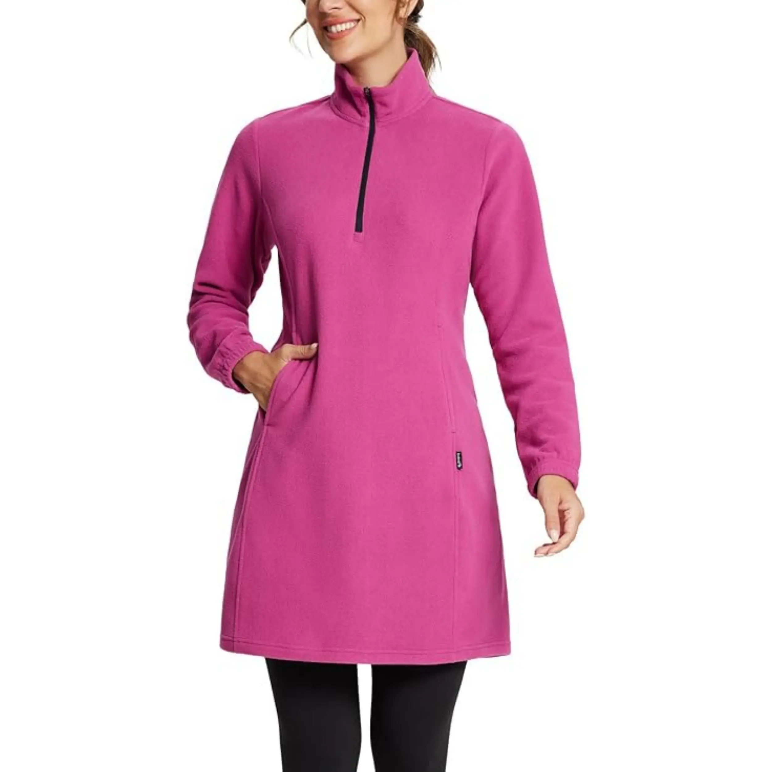 Baleaf Women's Tall Polar Fleece Dress - Comfortable Casual Basic Business Winter Quarter-Zip Pullover Tunic with Kangaroo Pocket, Warm Cover Up
