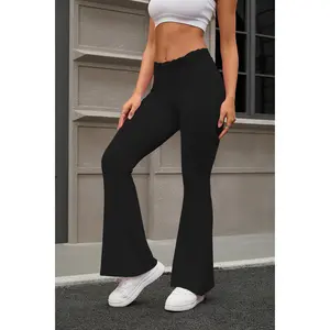 adhesive lace flared pants, lace waist yoga pants with high stretch knitted fabric, lace elastic waist, long solid color casual sports yoga pants, suitable for all seasons Women's Bell Bottom Leggings