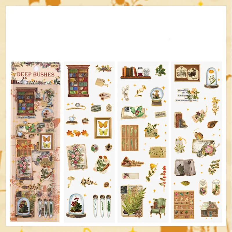 Vintage Library Ephemera Stickers, Antique Book Botanical Art Stationery Stickers, Retro Gold Foil Decorative Stickers