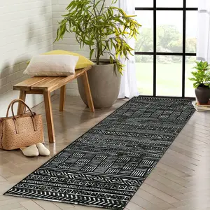 GARVEE Runner 2'x6' Boho Textured Design for Living Room Non Slip Low-Pile Soft Tribal Print Bedroom Stain Resistant Playroom Carpet Office Black