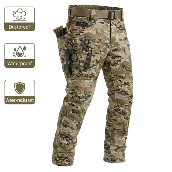 Men’s tactical pants, checkered waterproof fabric, hardshell tactical pants, single pack, durable cargo pants suitable for hiking, casual wear, and work, multi-pocket design (no belt).