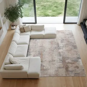 Abstract Rug Washable Non-Slip, Low Pile Faux Cashmere Area Carpet for Living Room Bedroom Dining Room in Grey, Khaki, Blue-VC