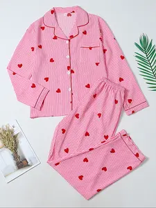 Women's Two-Piece Pajama Set, Casual Comfortable Lapel Pocket Woven Shirt & Elastic Waist Pants, All-Season Stripe Heart Print Sleepwear