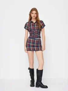 Cider Cotton Plaid Collar Short Sleeve Blouse & Mid Rise Lace Trim Bowknot Mini Skirt Set