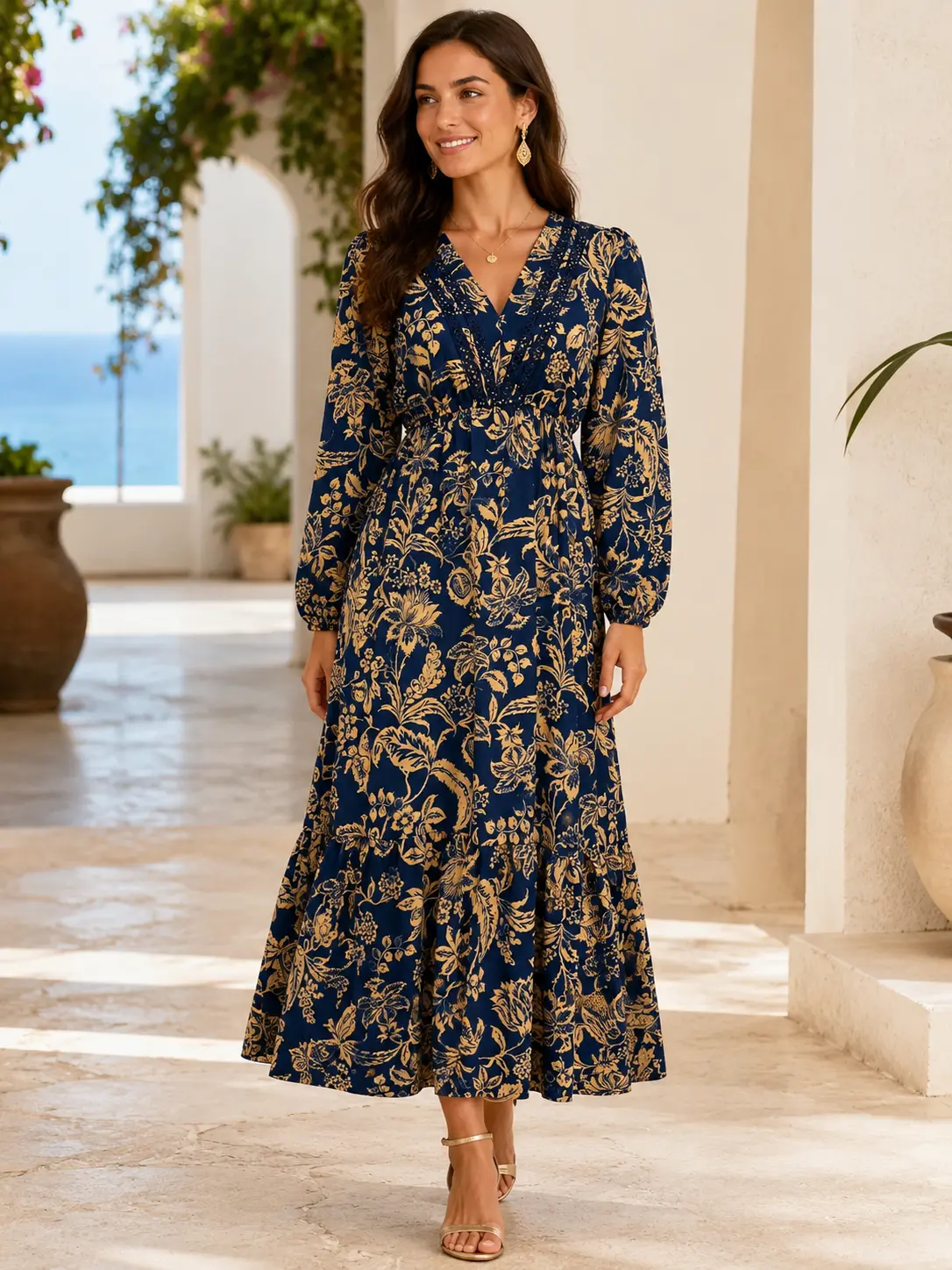 Women's Boho Floral Print Wrap Maxi Dress (m) - Casual, Machine-Washable V-Neck Dress with Long Loose Sleeves, Tiered A-Line Design, Lace Trim