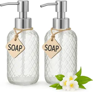 Casafoyer Elegant 15oz Glass Soap Dispenser Set with Rust Proof Pump Eco Friendly Hand Soap Dish Soap Lotion Dispenser Set of 2 White Gem Patterned Glass