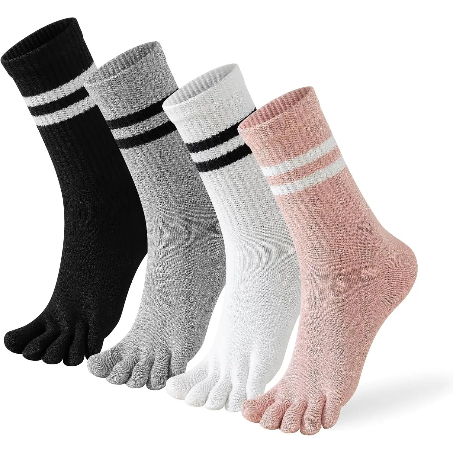 Women's Multicolor 5-Finger Crew Toe Socks - 4 Pairs Sports Socks with Toe Separator for Running, Hiking Barefoot Comfort, Multicolor Athletic Socks