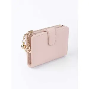 Clover & Spherical Accent Pocket Wallet - Bi-fold Women's Wallet in Pink with Zipper Closure Foldable Design for Credit Cards and Cash 100% Polyurethane