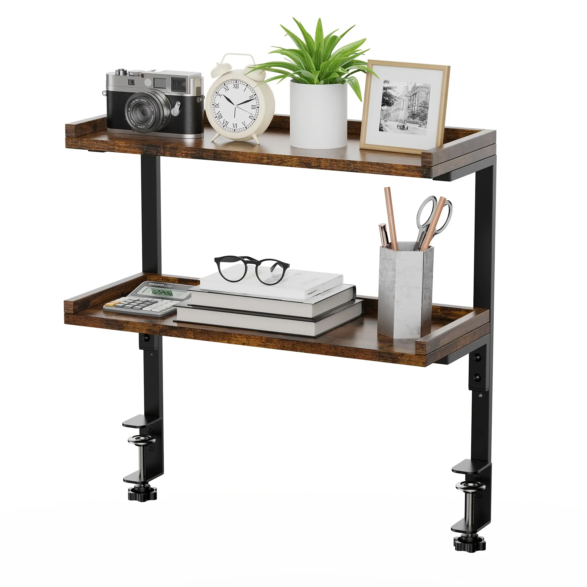 2-Tier Adjustable Snap-On Desktop Organizer, 16 Inch Metal & Recycled Wood Desk Extension Side Table, Rustic Brown, Space Saving Storage Shelf for Office Supplies, Pens, Notebooks and Desk Accessories