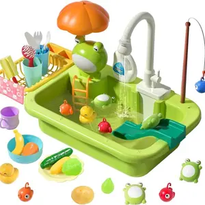 Play Sink with Running Water, Pretend Play Kitchen Sink with Upgraded Electric Faucet, Realistic Play Set Cooking Set Plastic Toy Outdoor Fun Cleaning Playset, Toddler Kitchen