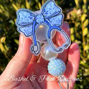 Bushel & Peck Designs Coquette Bow Badge Reel Medical 2.0" Acrylic Retractable with Hand Glittered Epoxy Protection for Nurses Teachers Office Staff