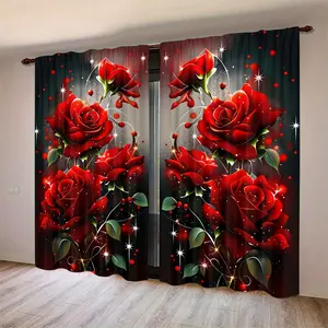 2 Piece Set Background Rose Leaf Digital Print Curtains, Polyester Fiber, Semi-Transparent, Home Decor, Home Decoration Curtain, Window Curtain