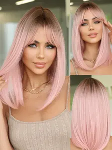 14 Inch Short Pink Ombre Bob Wig with Bangs, Straight Synthetic Hair Wigs for Women, Natural Looking with Dark Roots for Daily Use, Party, Cosplay, Fashion Wig
