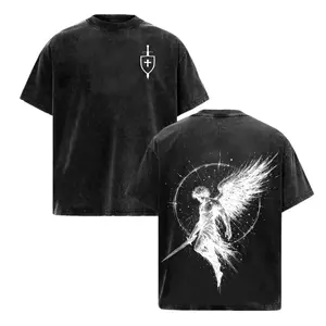 Vintage Saint Michael Archangel Flaming Sword Shield Scales Justice Oversized Graphic Tee Heavyweight Acid Wash Cotton T Shirt Y2K Faith Streetwear ChristianTok Gym Pump Cover Jesus Christ Catholic Aesthetic Grunge Outfits Merch Gift Unisex