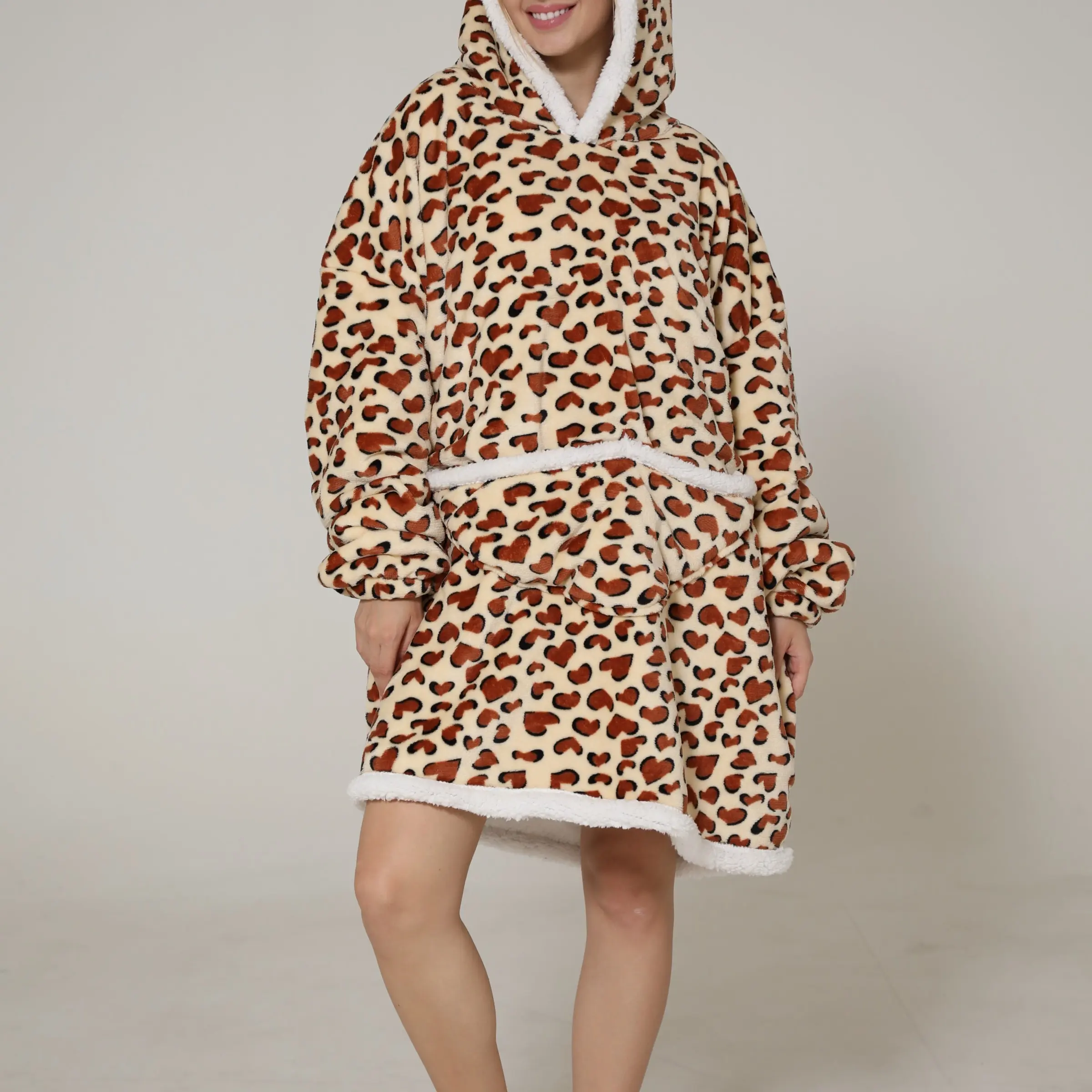 Adult Leopard Print Full-Body Wearable Blanket, Hooded, Heart Pockets, Soft and Warm, Loungewear, Multiple Prints Available
