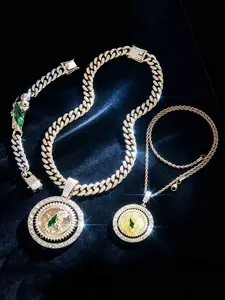 3pcs Punk-Style Bridesmaid Jewelry Set, Rotatable Saint Jude Pendant Necklace Bracelet, Enamel Cuban Chain, Elegant Stackable Necklaces for Daily Wear