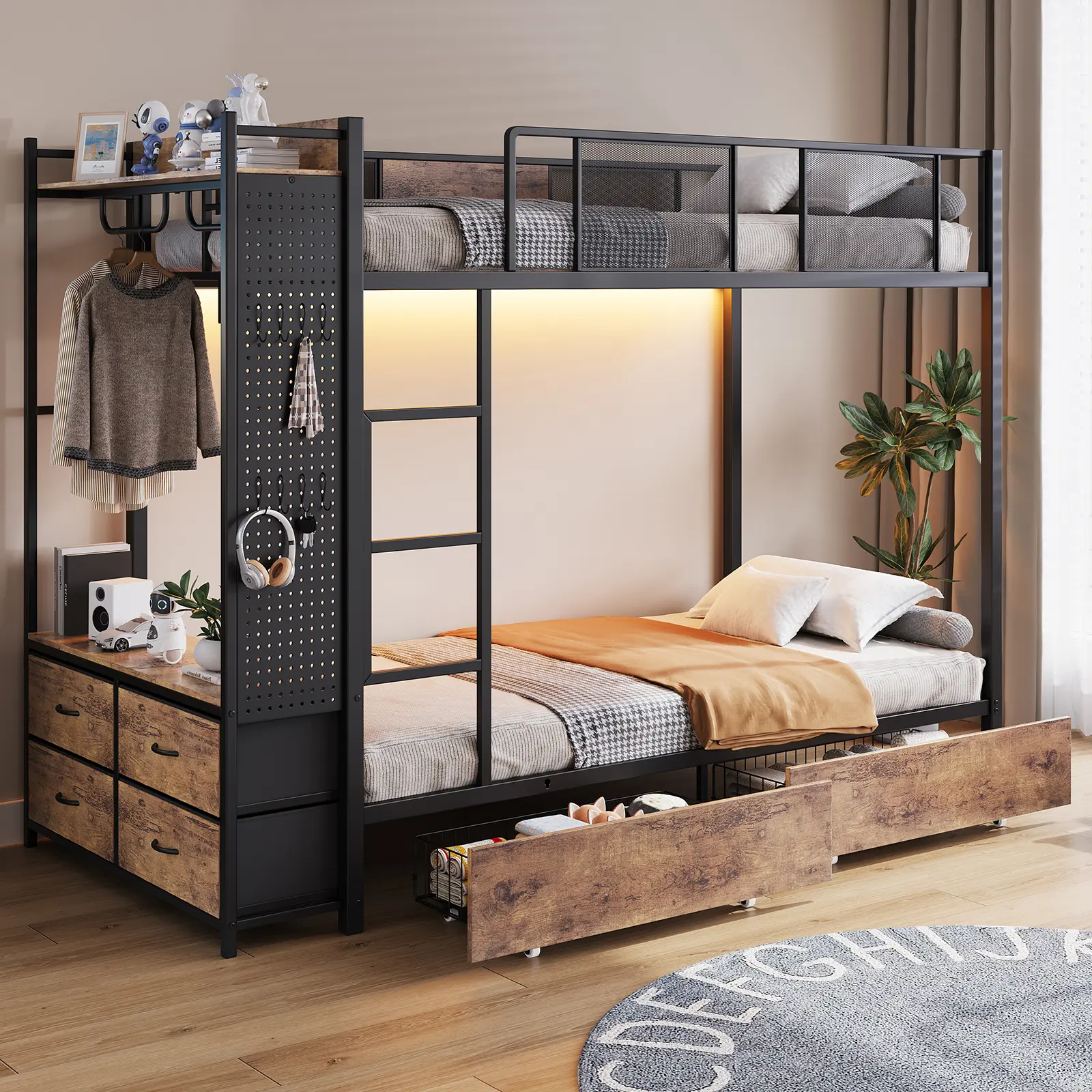 FUSOU RGB Twin Over Twin Metal Bunk Bed Frame with Hall Tree Storage, 6 Drawers, 2 Hanging Rods, Power Outlet, USB Port, 88.6"l x 40.75"w x 66.1"h, Assembly Required, No Mattress/Box Spring Needed, 2 Packages, for Kids Teens, Led Light, Under Bed Storage