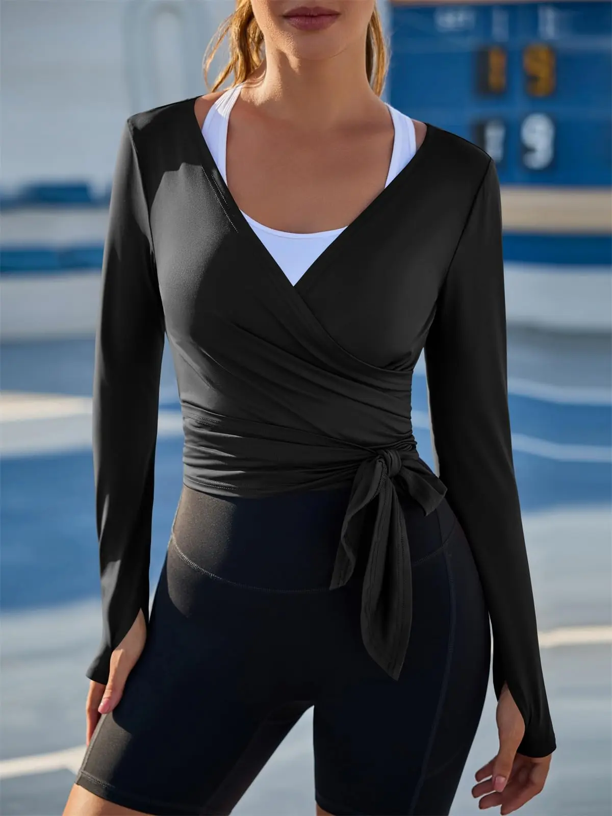 Fisoew Womens Tie Front Shrug Wrap Long Sleeve Crop Tops Casual Lightweight Ballet Pilates Yoga Active Shirts
