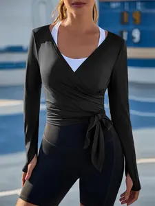 Fisoew Womens Tie Front Shrug Wrap Long Sleeve Crop Tops Casual Lightweight Ballet Pilates Yoga Active Shirts