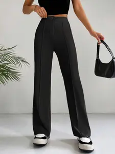 Women's Plain High Waist Straight Leg Pants, Casual Comfy Zipper Button Trousers for Daily Wear, Ladies Bottoms for All Seasons, Casual Minimalist Trousers