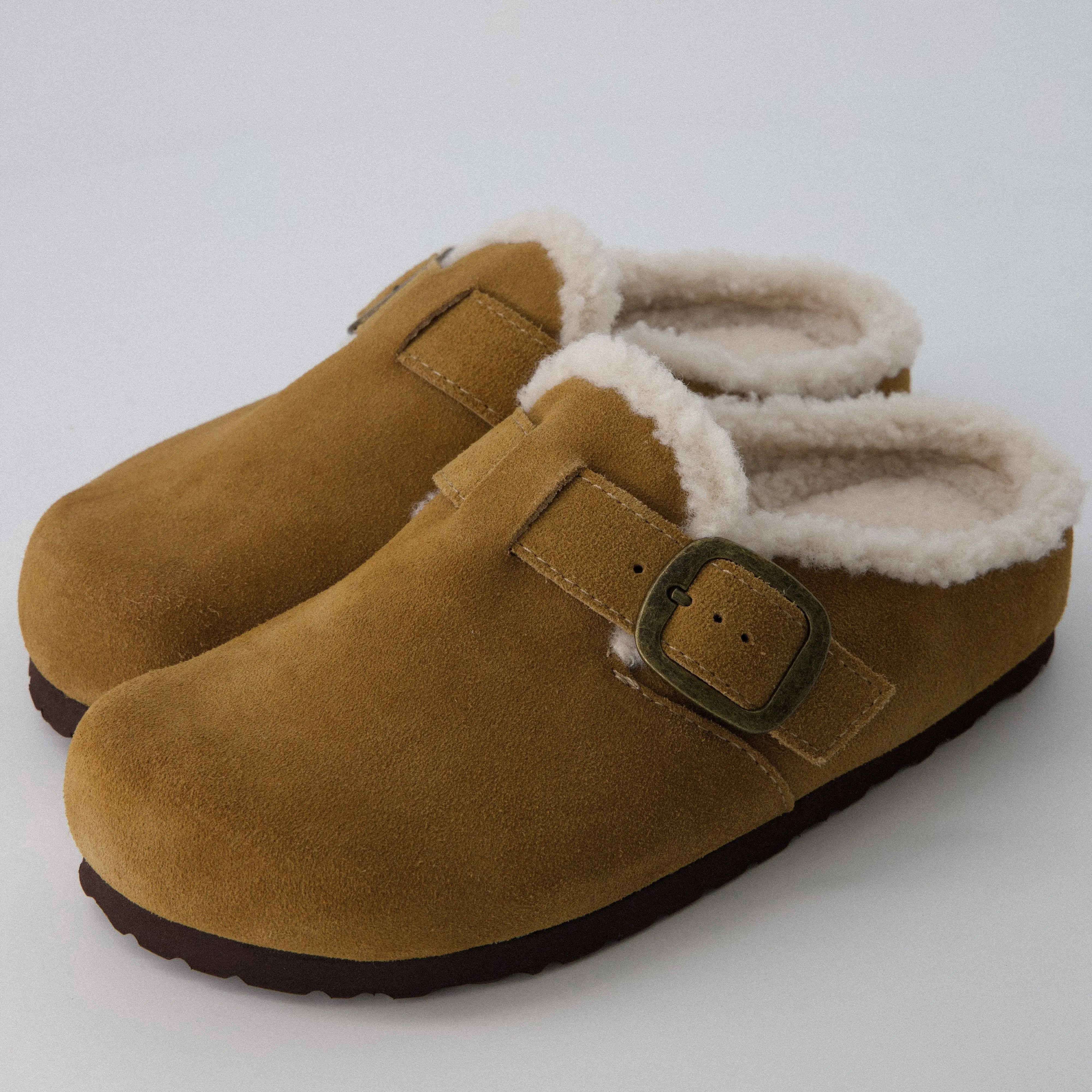Cushionaire Women's Haven Cozy Leather Clogs – Genuine Suede Slip-On Women's Clogs with Faux Fur Lining, Cushioned Heel Cup and Cork Footbed, Adjustable Buckle