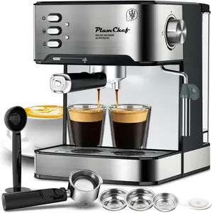 PlumChef 20 Bar Espresso Machine with Milk Frother Dual Shot ESE Pod Compatible 54 OZ Removable Water Tank for Home Barista Silver
