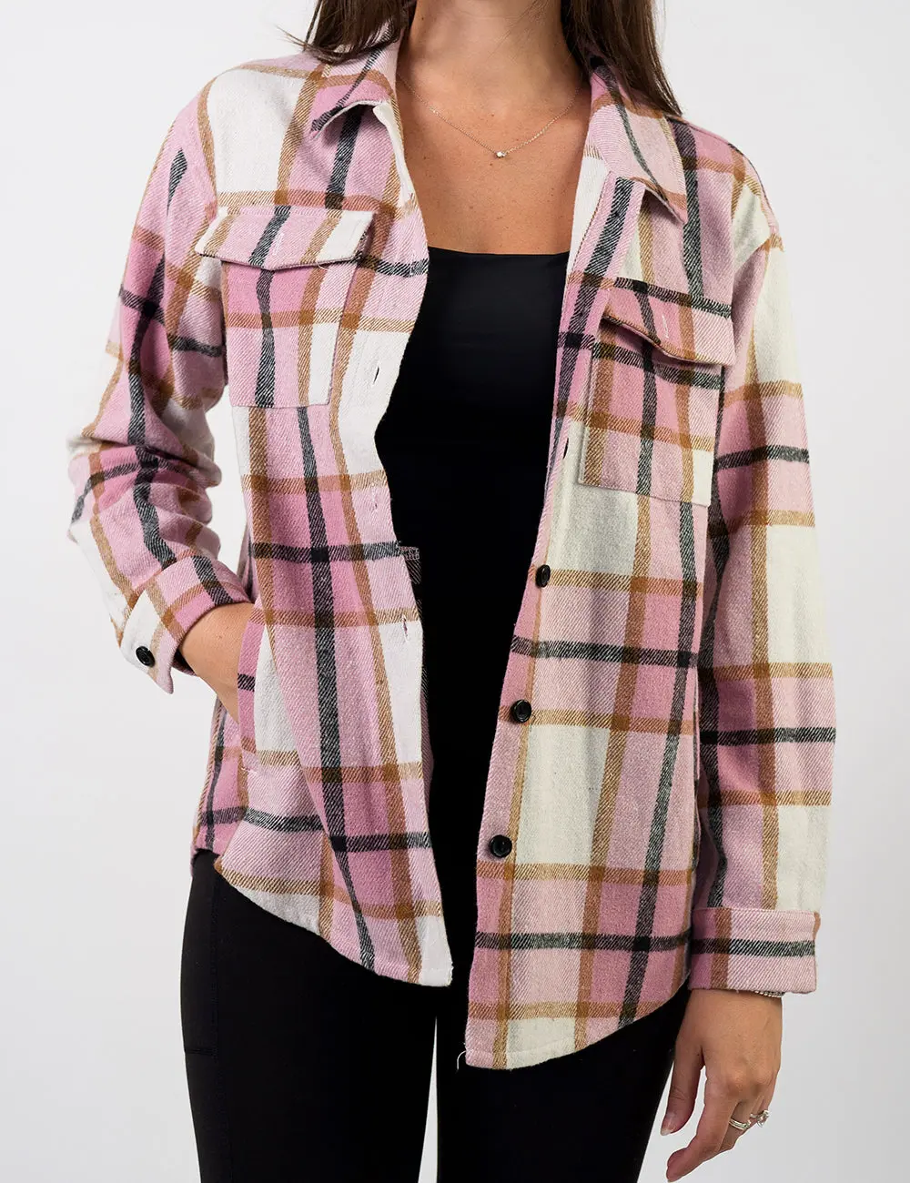 Pink Shacket, Casual Long-Sleeve Outerwear for Daily Wear, Plaid Fabric Fit