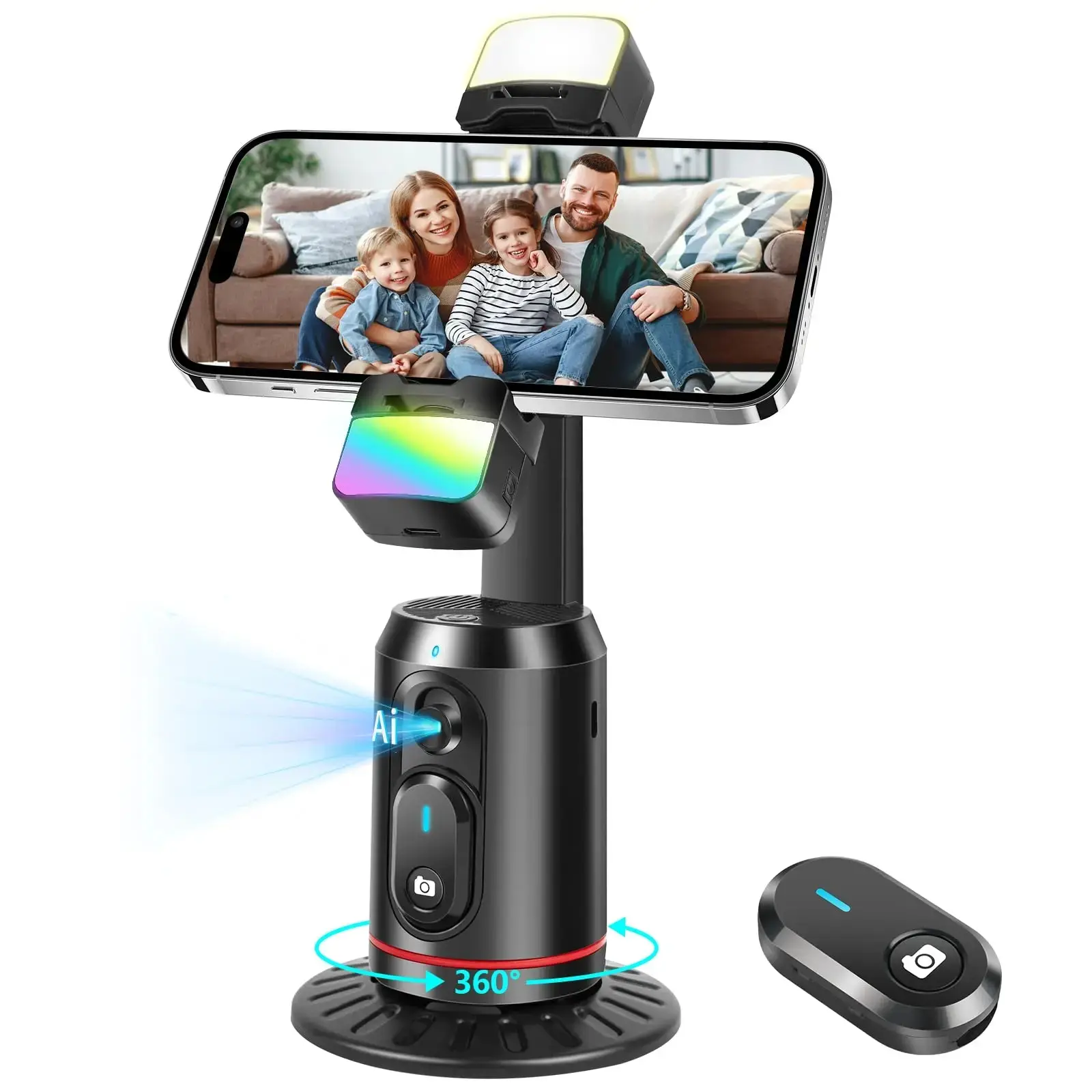 Automatic Face Tracking Mobile Tripod 360 Rotating Smart Selfie Stand with LED Light Gesture Control for Vlog Live Video Cellphone