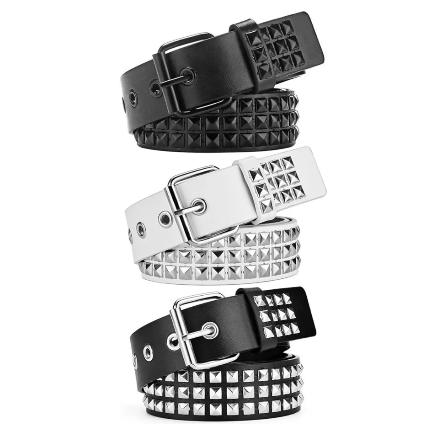 Women's 3-Pcs Belt with Buckle - Fashionable Metal Buckle Waist Tie, Trendy White Black Grommet Pyramid Accessory for Home Improvement Building Supplies Wallpaper & Wall Trim, Ideal for Friend, Party, Mother, Daughter, Design Belt