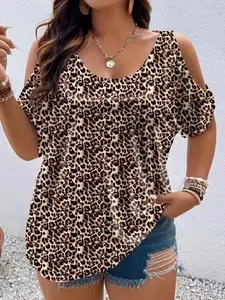 【Plus Size】Leopard Print Tee, Casual Fashion T-shirt for Summer, Women's Plus Clothing for Daily Wear
